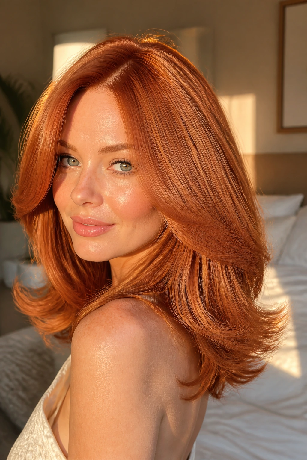 Woman with a voluminous saffron copper blowout hairstyle