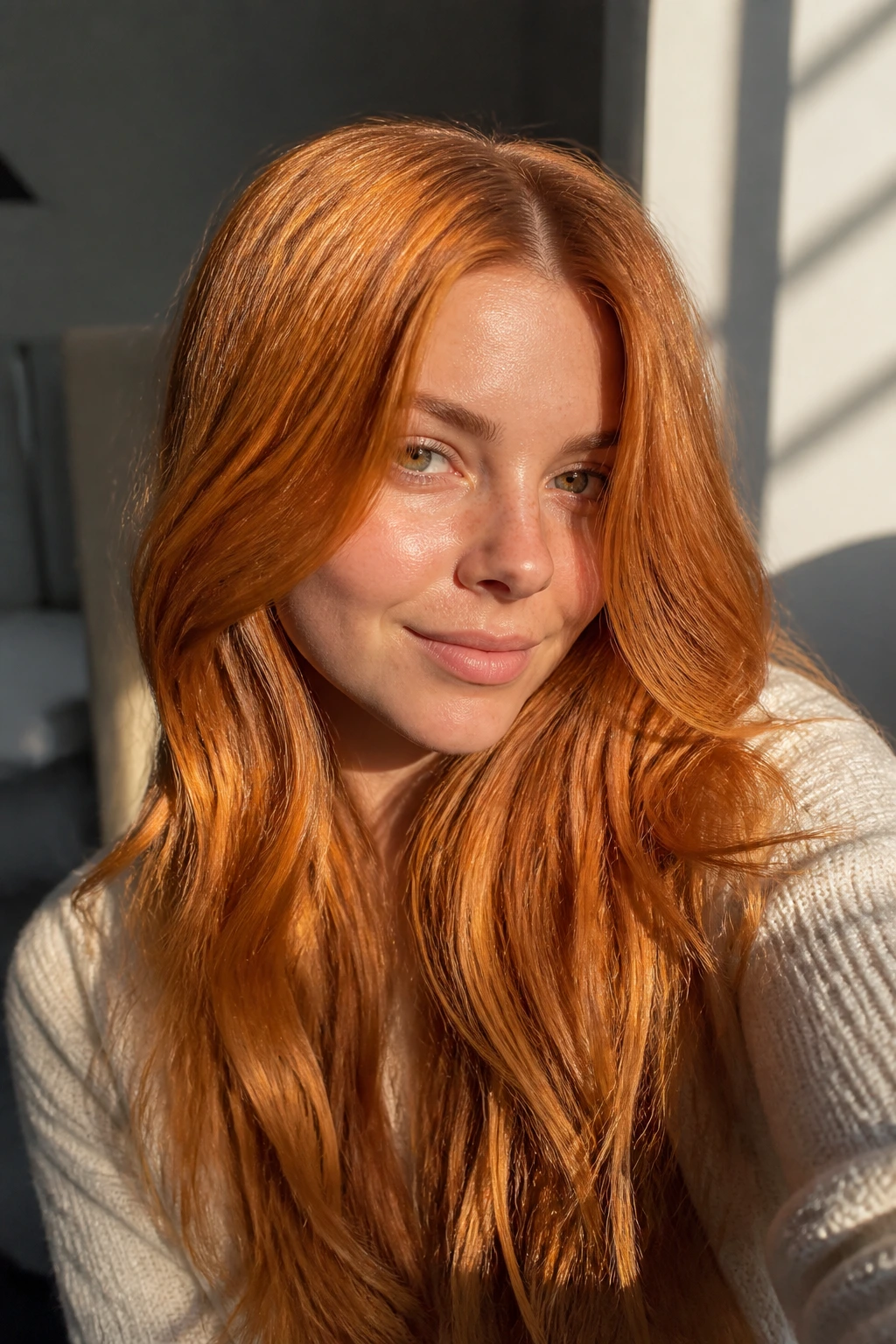 Close-up of real woman with saffron ginger glaze hair