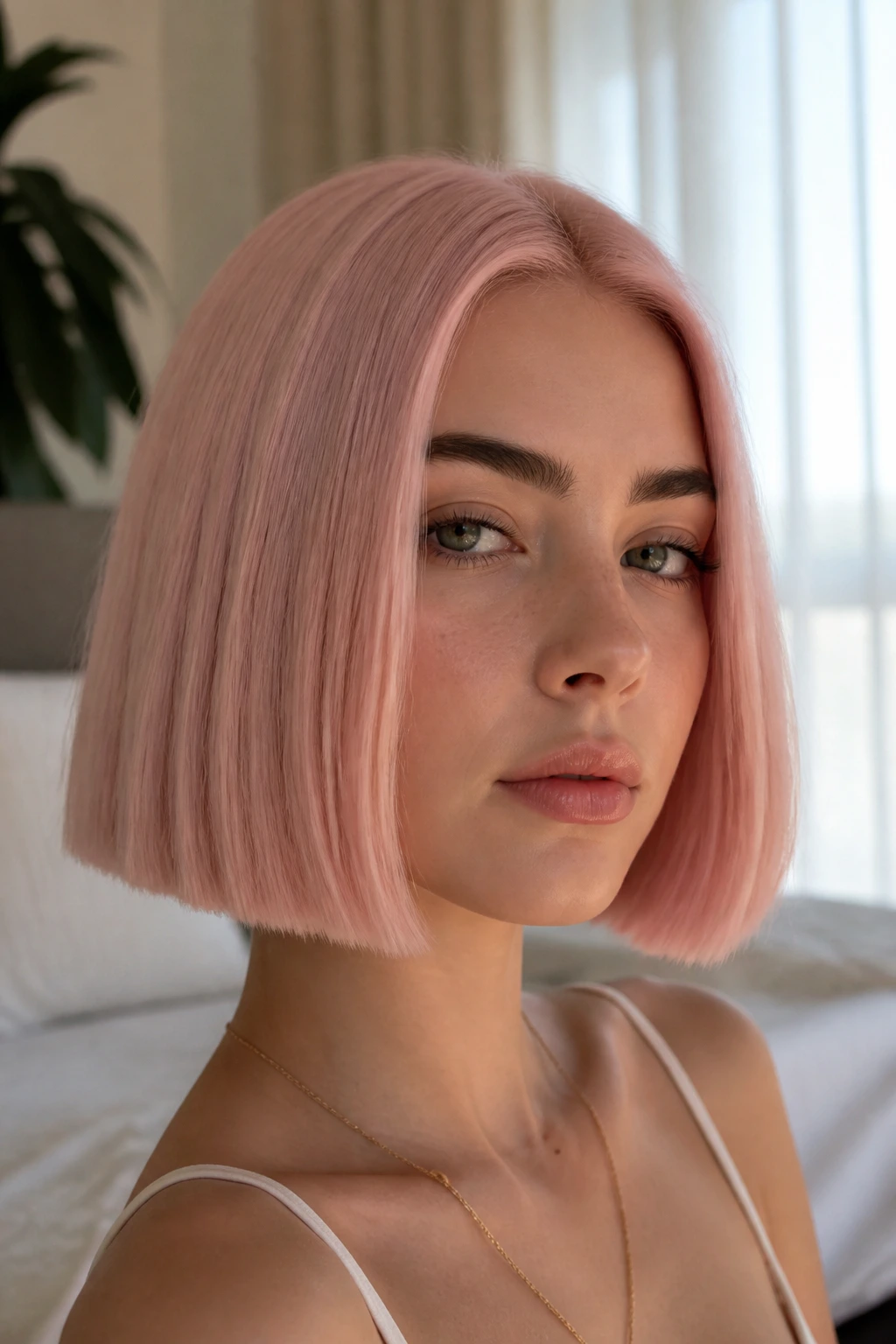 Real woman with sakura pink blunt-cut bob in soft daylight.