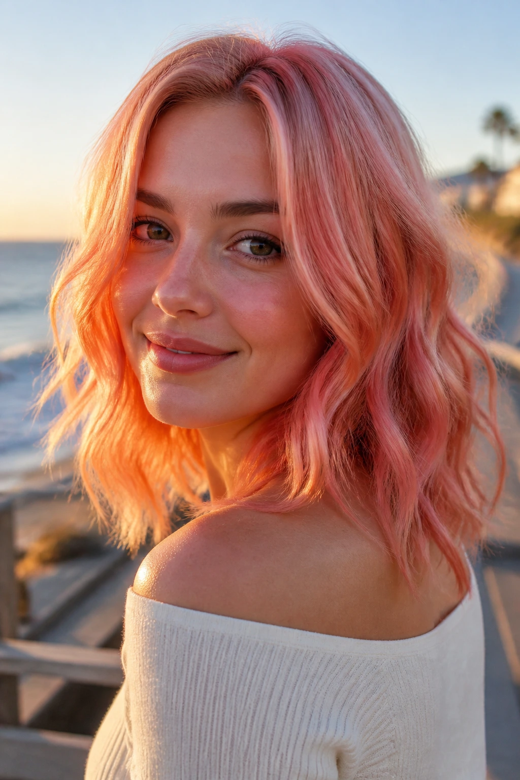 Salmon pink waves on a real woman with sunset lighting