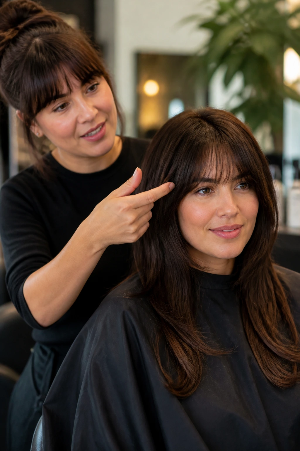 Real person in a salon chair discussing bangs with a stylist