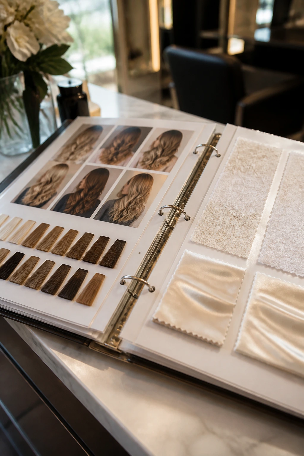 Open binder with hair color swatches and fabric samples on a salon counter