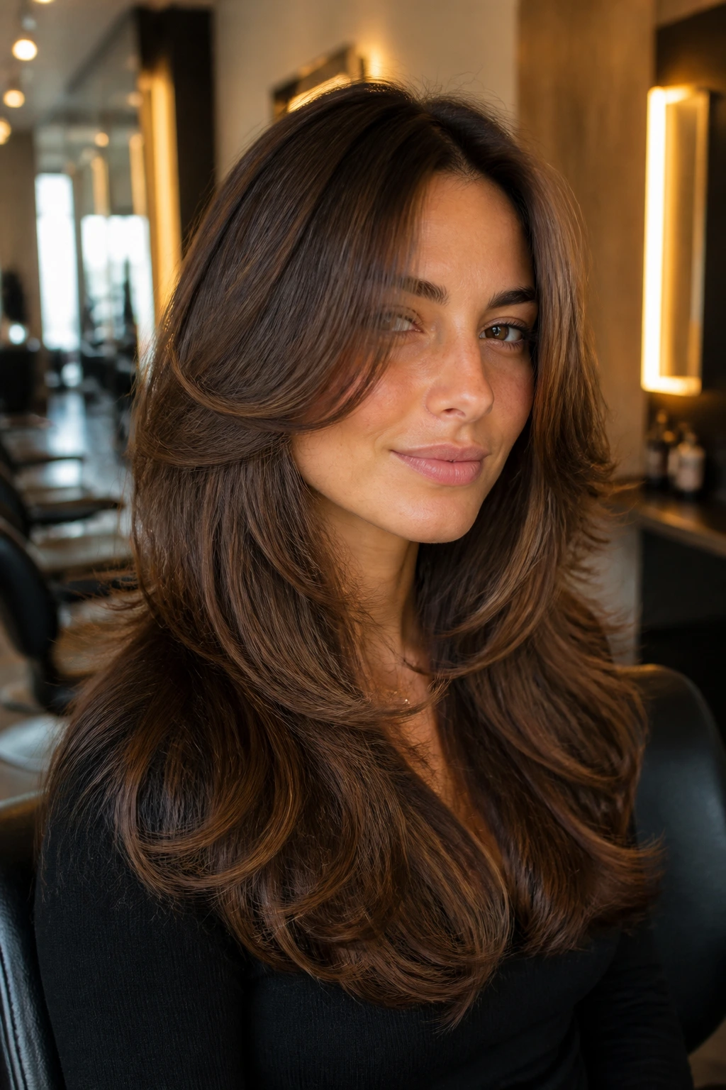 Close-up portrait of a real woman with a glossy Salon Blowout Shag in a salon