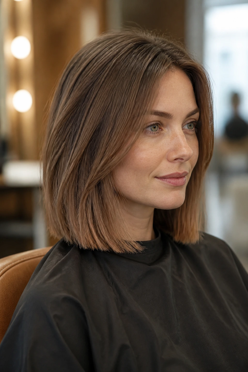 Real person in a salon chair with blunt perimeter haircut