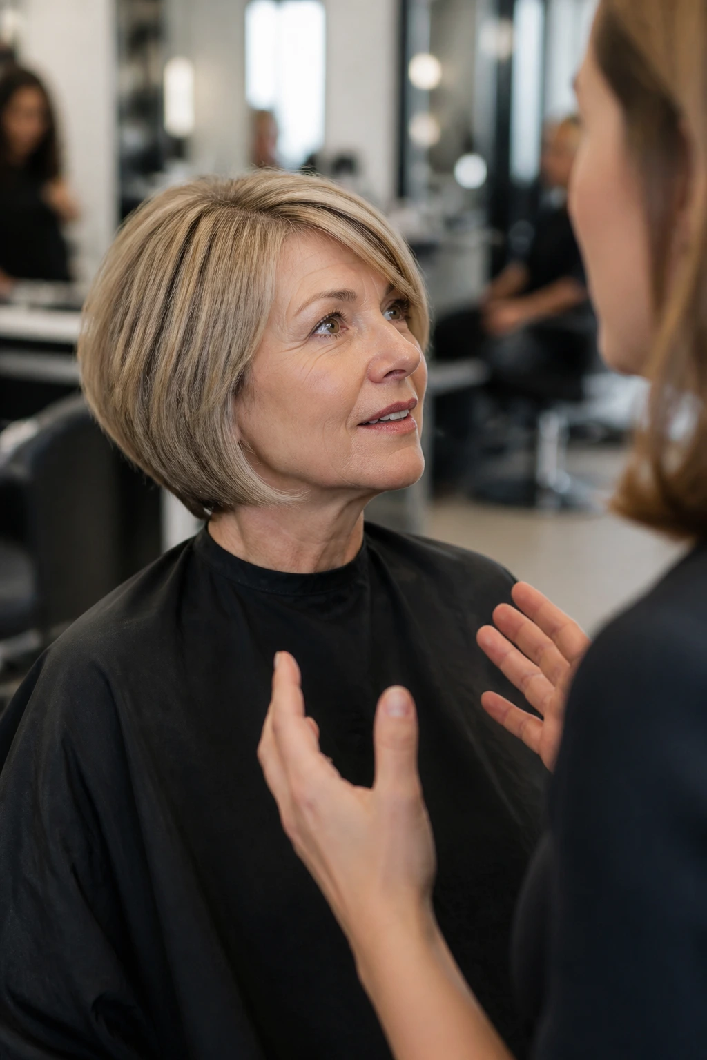 Woman in salon chair consulting about bob haircut.