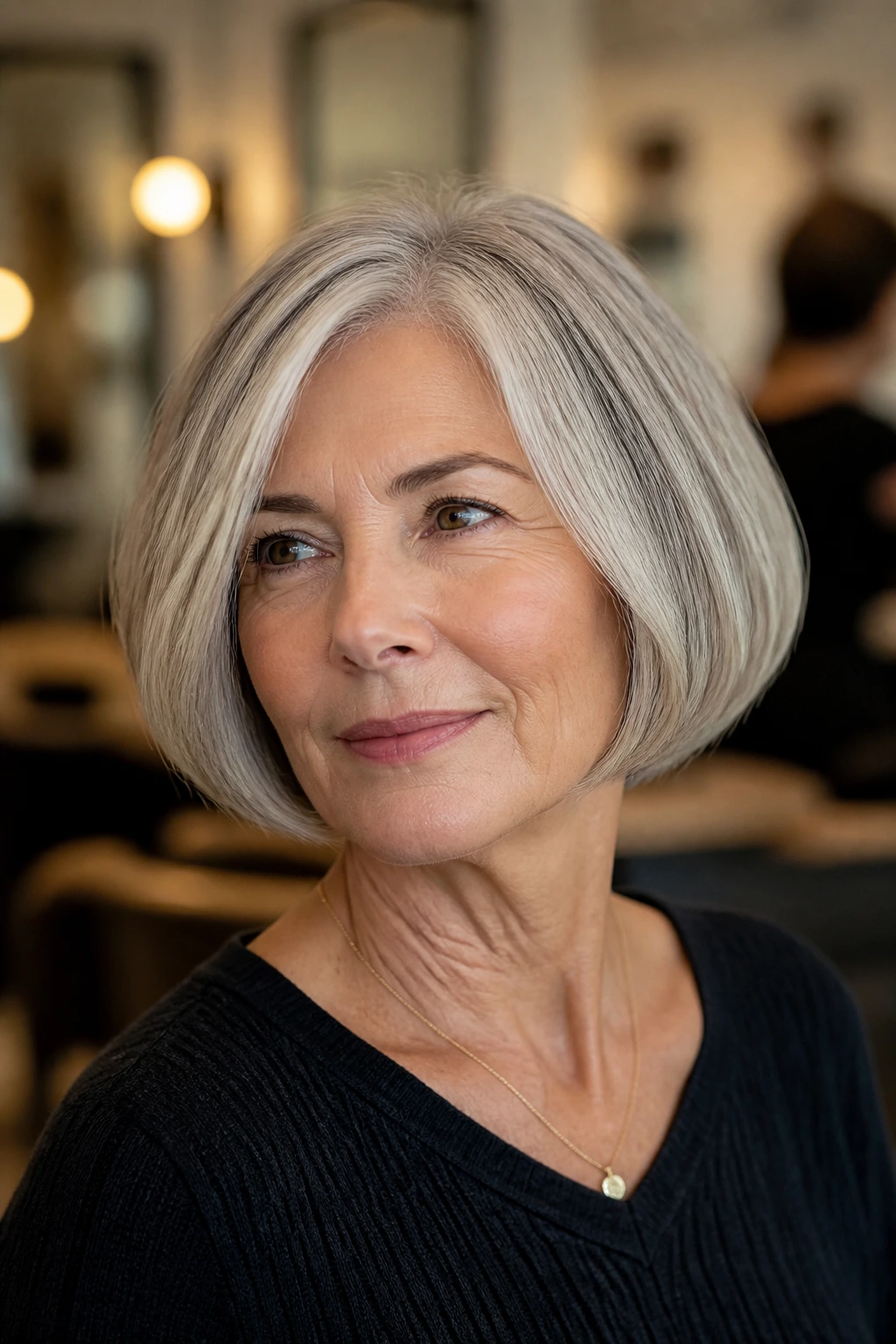Older woman with a crisp chin-length bob in a salon setting