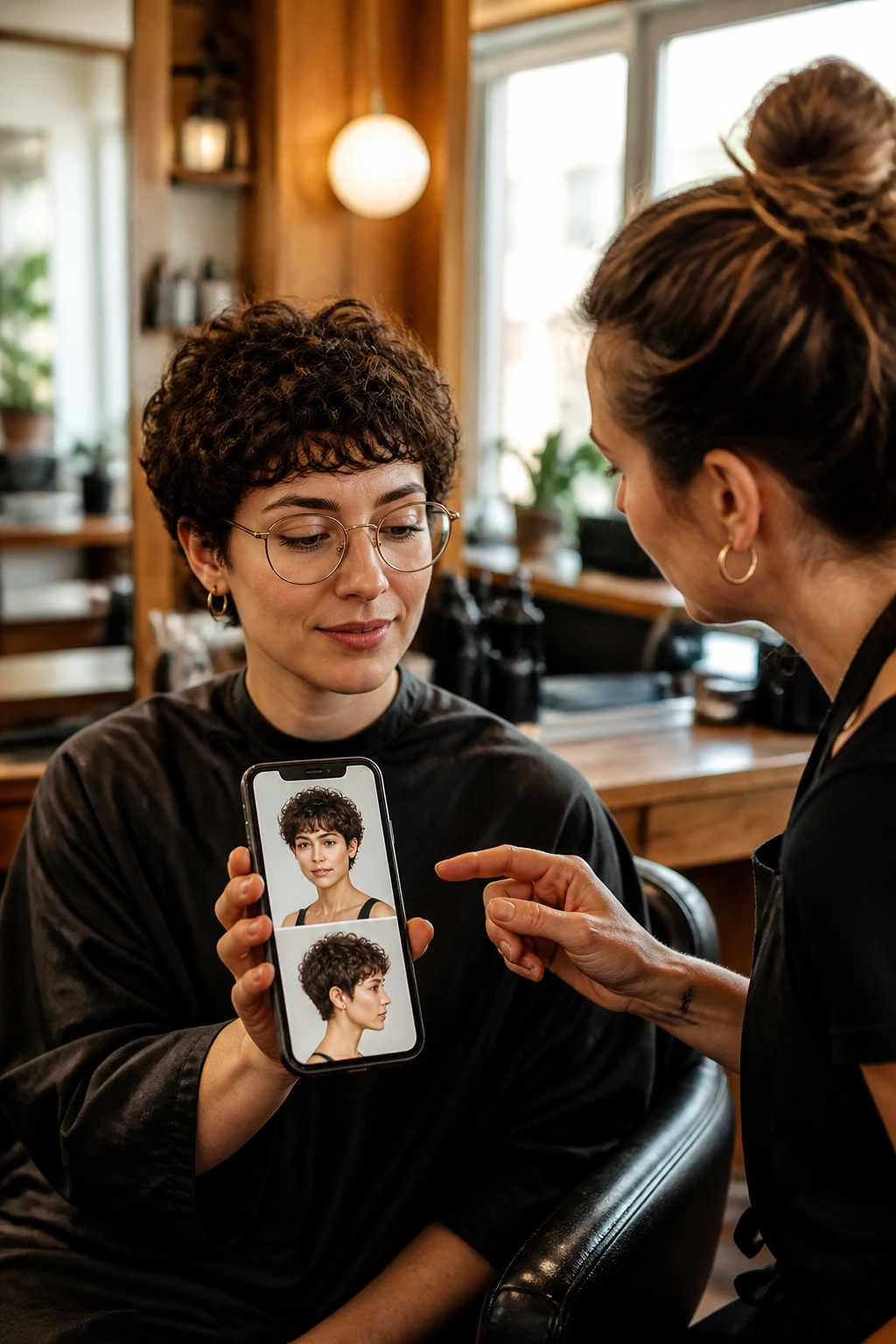 Client briefs stylist in salon, showing photos of a vintage curly pixie