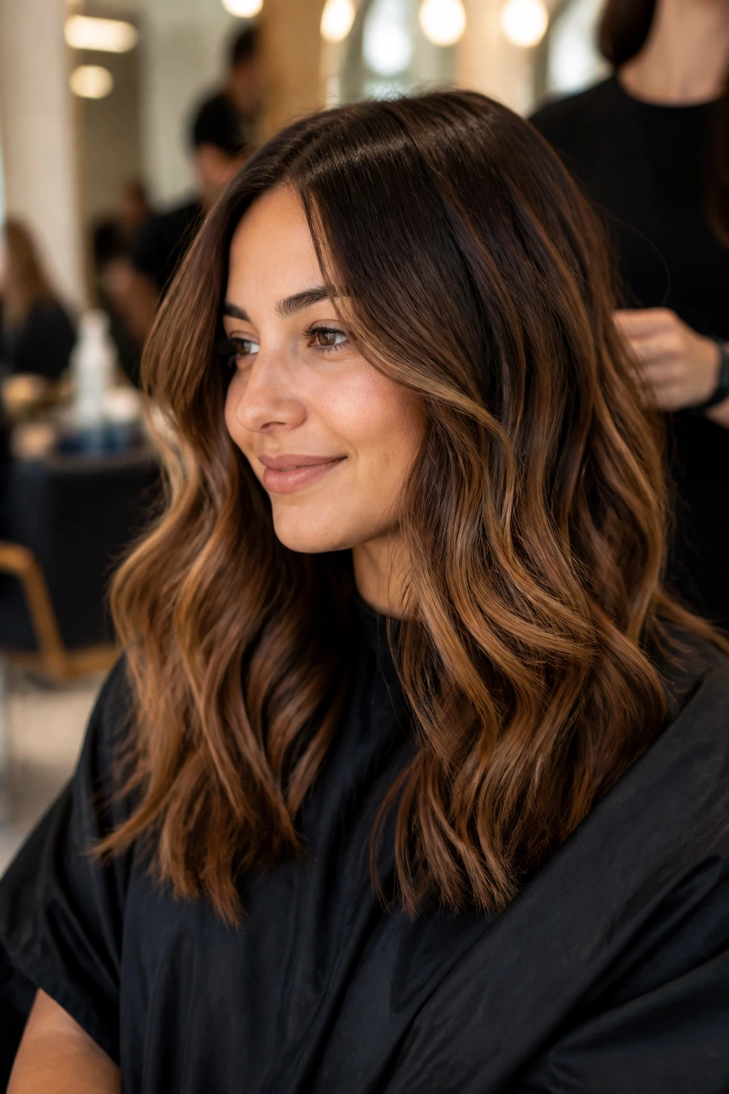 Portrait of a real woman in a salon chair with brunette hair and subtle highlights