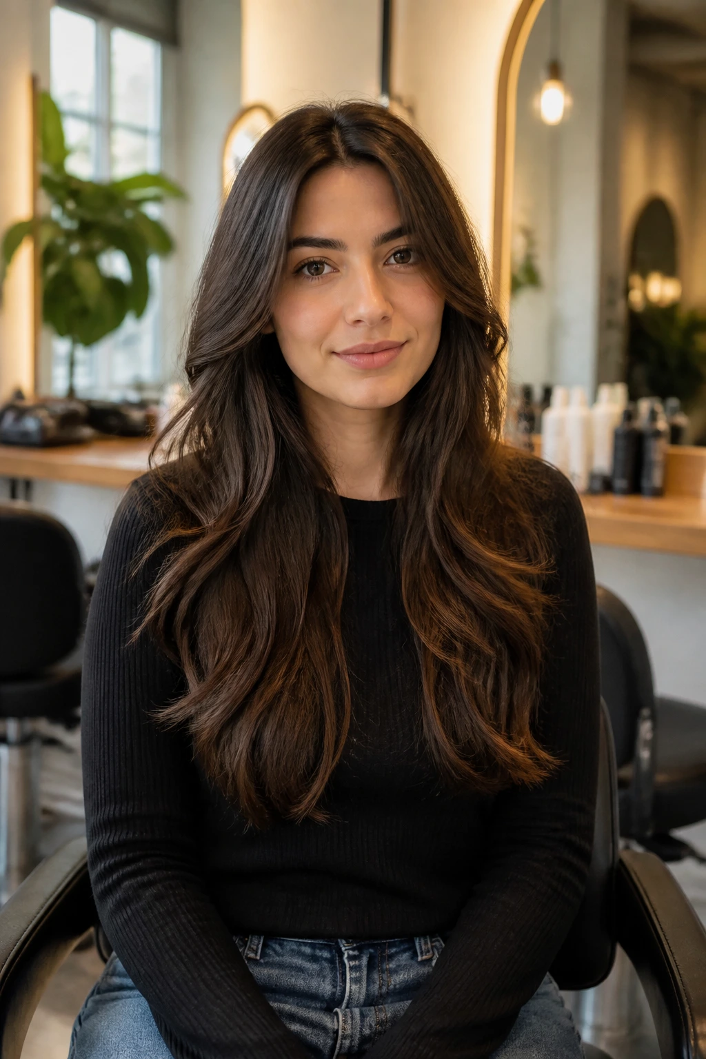 Real client in a salon chair with long hair