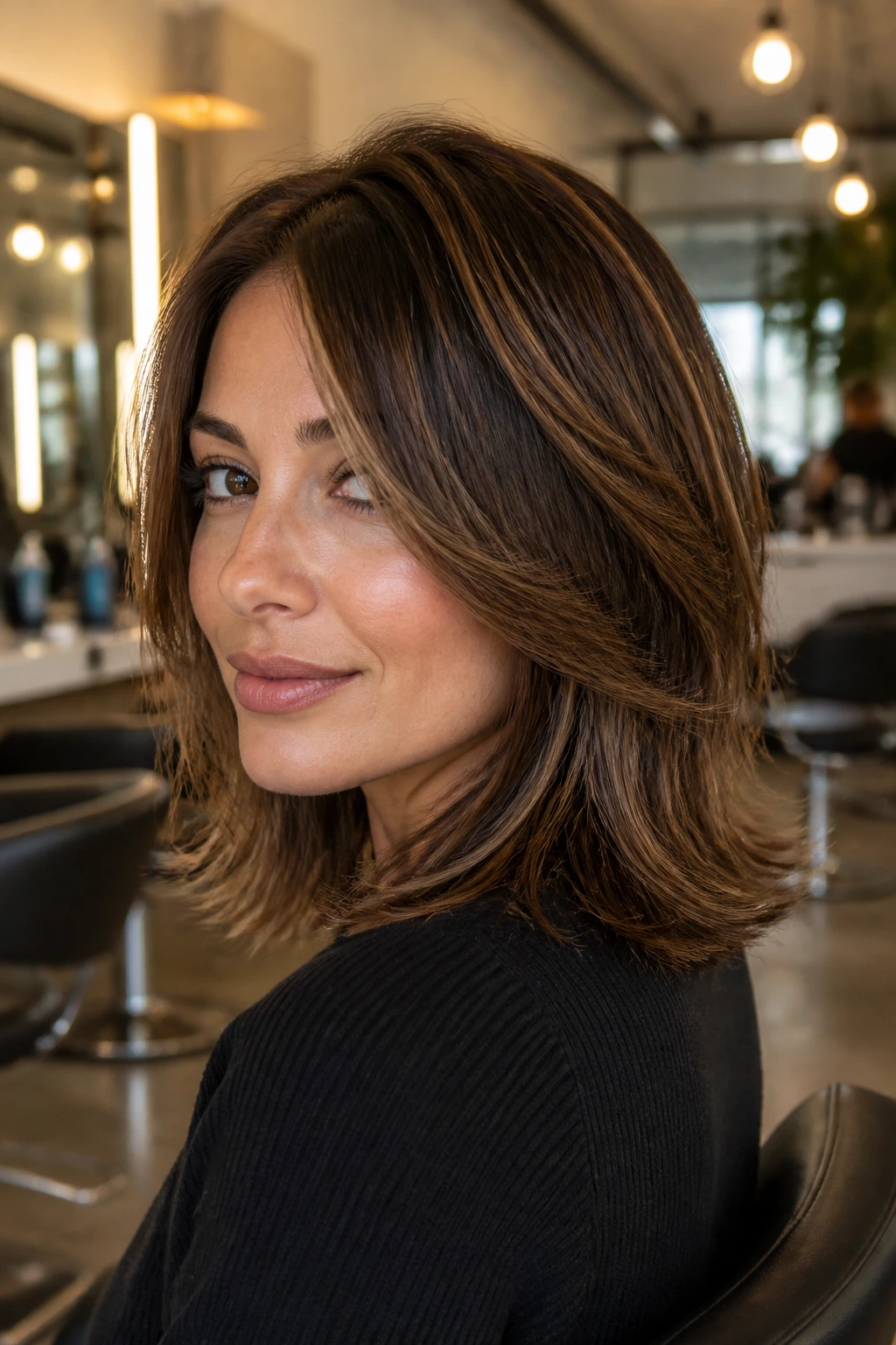 Portrait of a real woman in a salon chair with shoulder-length layered hair