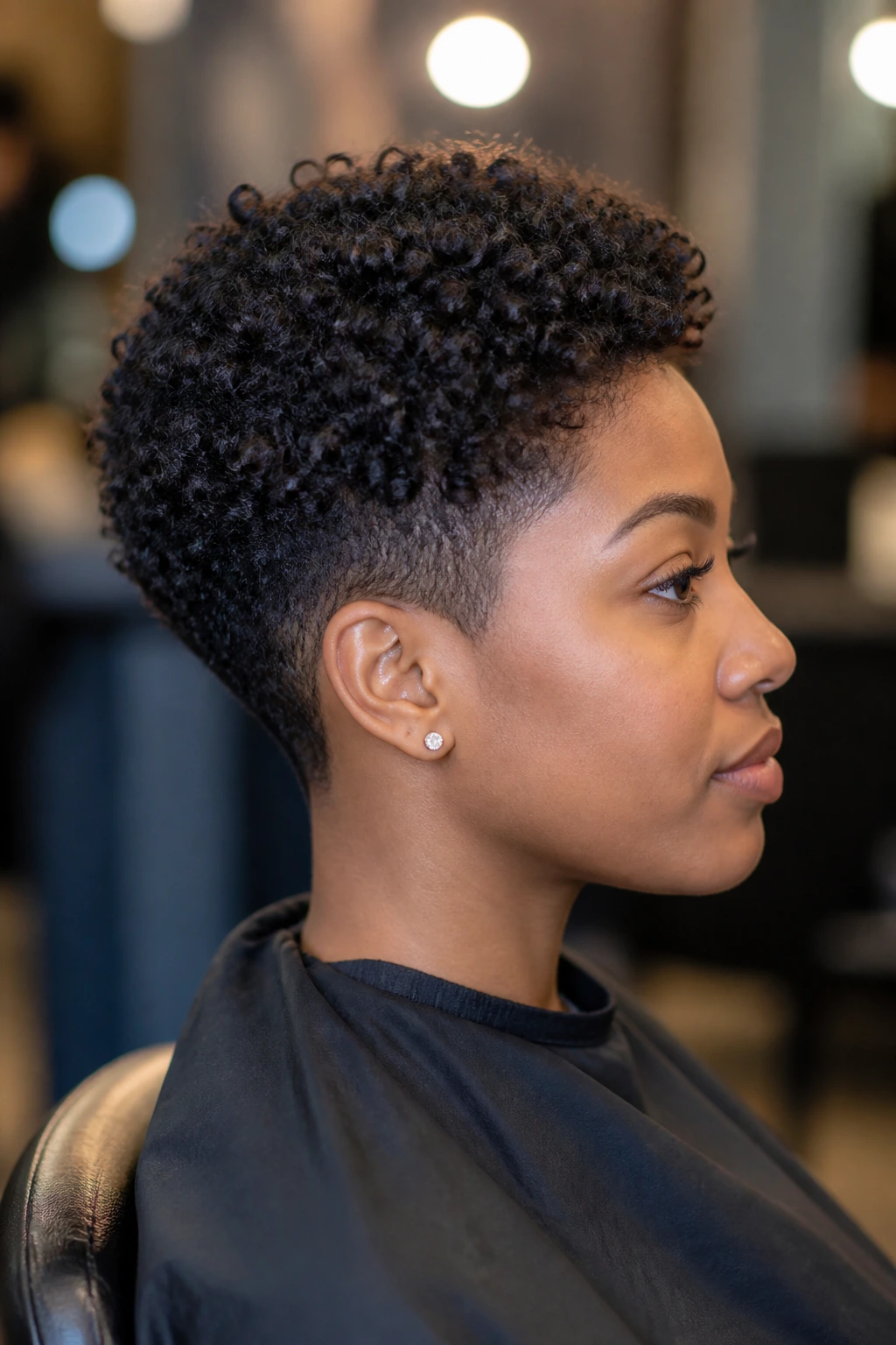 Salon chair portrait of a person with a curly crop in side profile highlighting taper