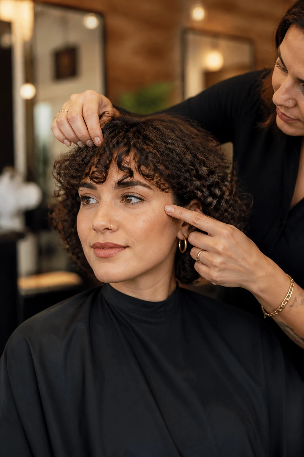 Real client in salon chair with stylist discussing fringe shape for dry curls