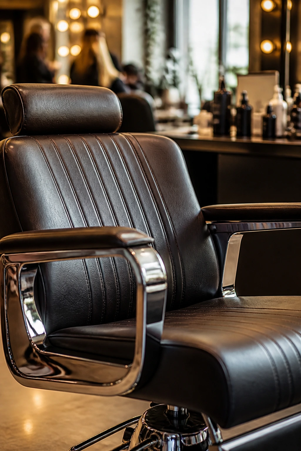 Close-up of a plush salon chair in a real salon setting with warm lighting