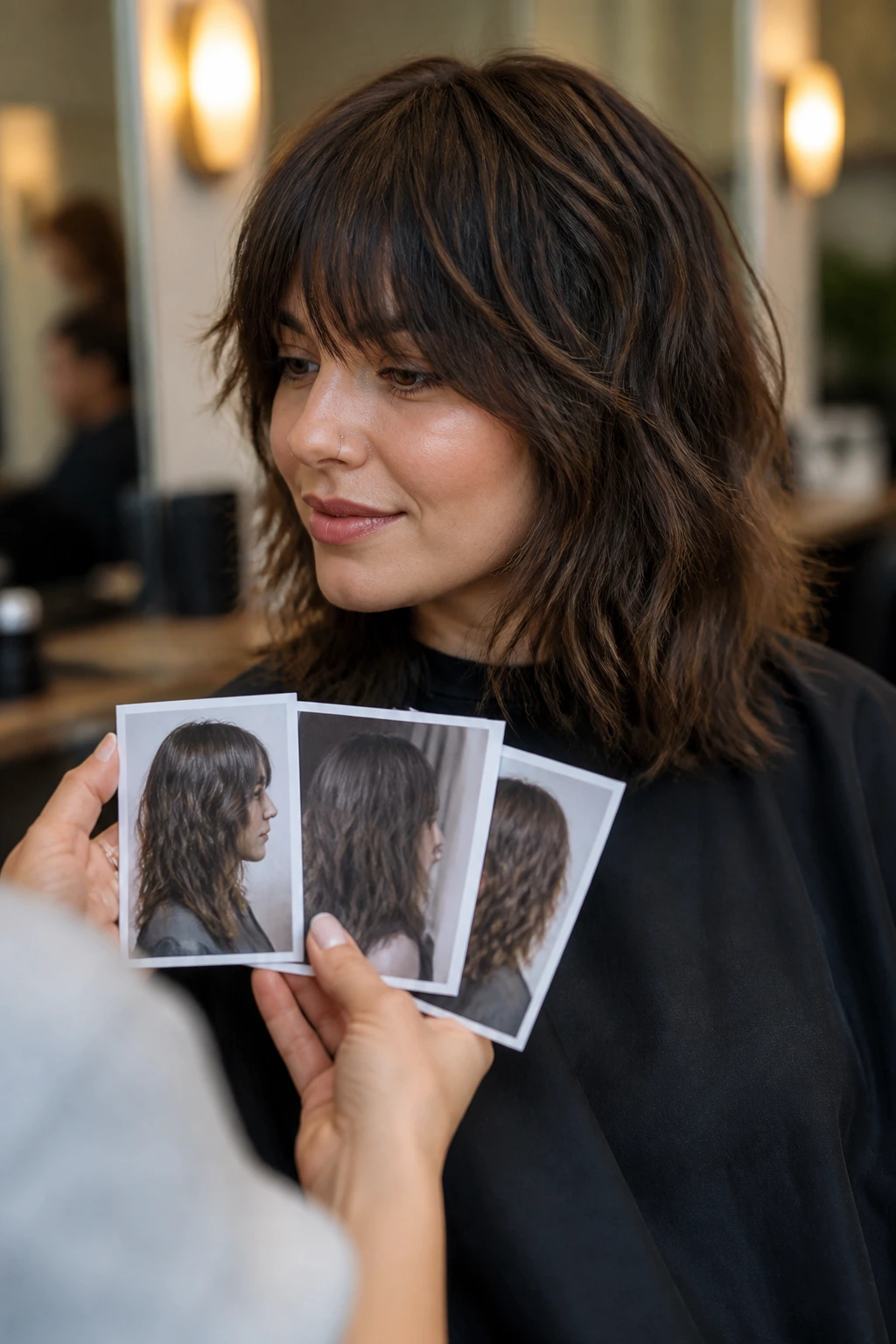 Close-up of real client in a salon chair with reference photos.