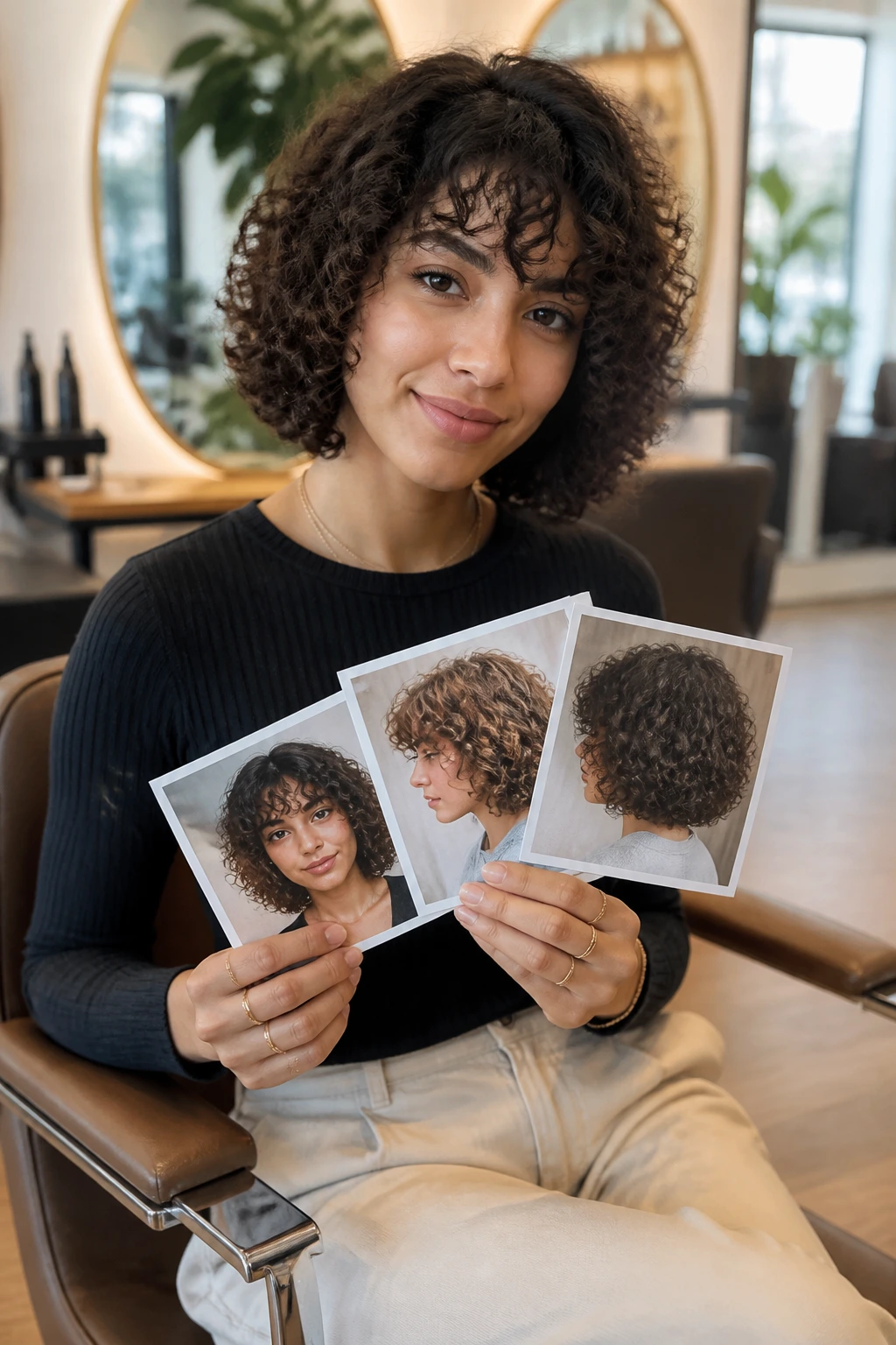 Close-up of a real woman in a salon chair holding hair reference photos