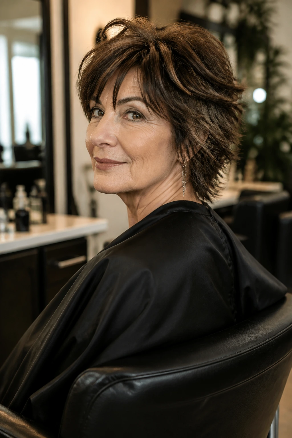 Portrait of a woman in a salon chair showing a layered shag haircut