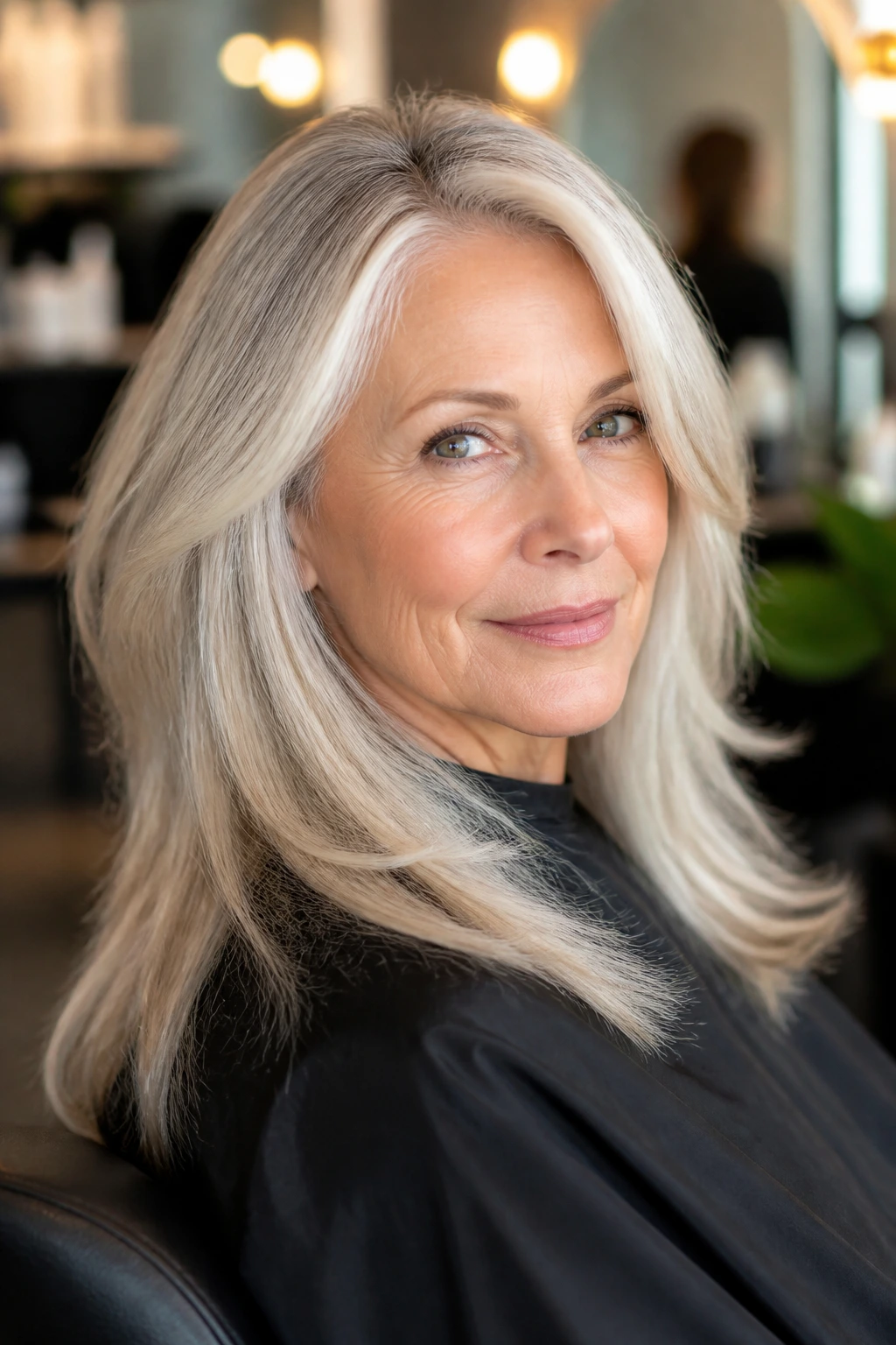 Real woman in salon chair with silver-blonde hair looking confident
