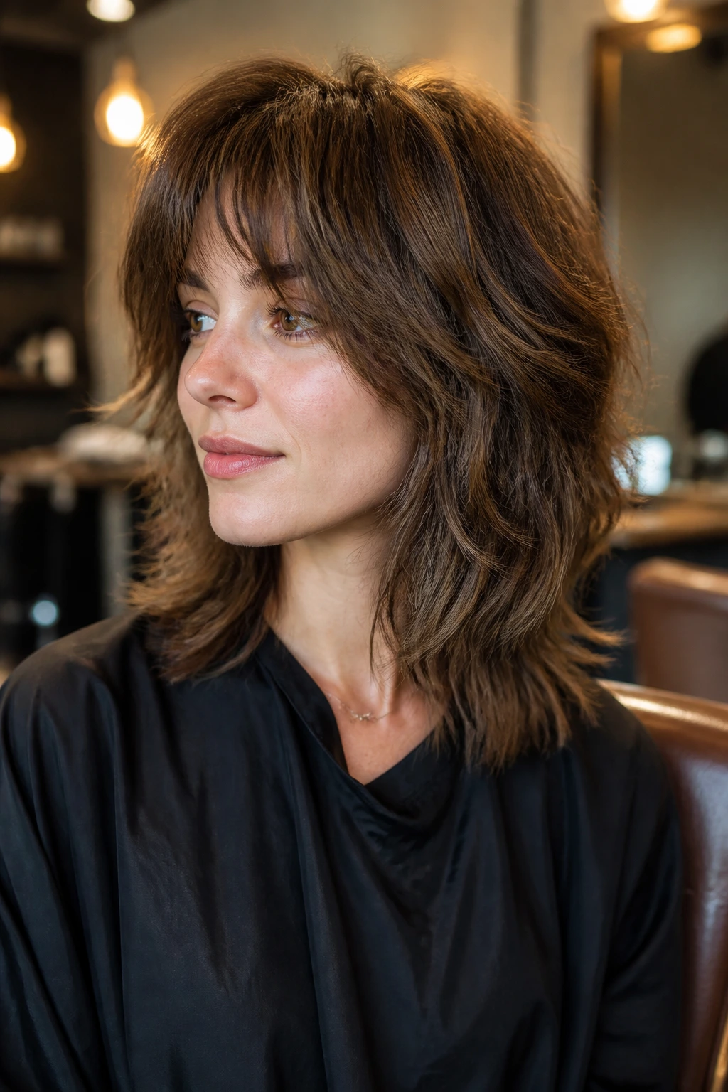 Close-up client in salon chair with textured wolf cut