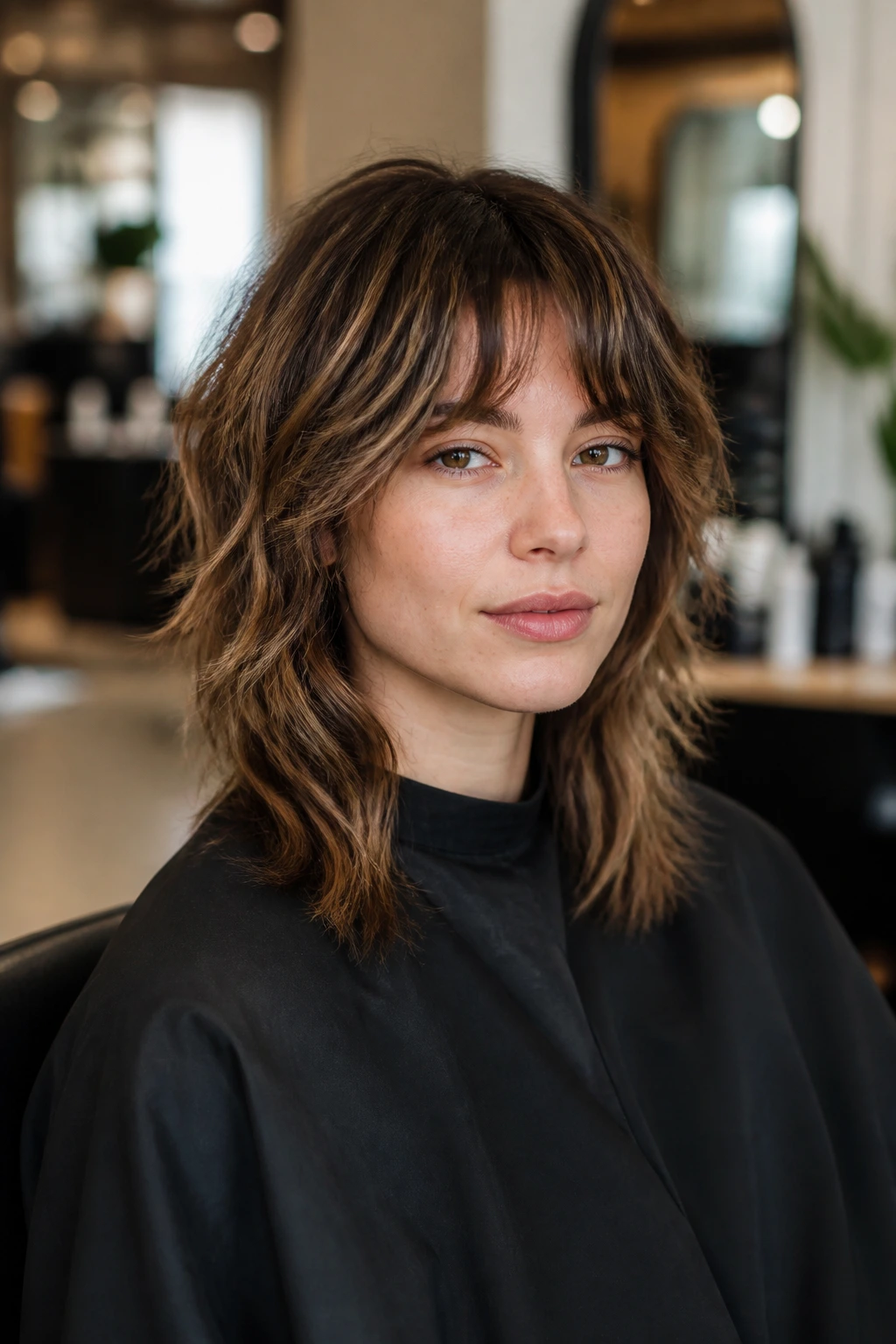 Portrait of a person in a salon chair with a soft wolf cut