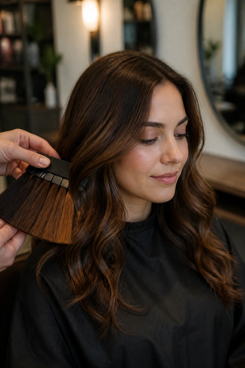 Portrait of client in salon chair during color consultation with color swatches.