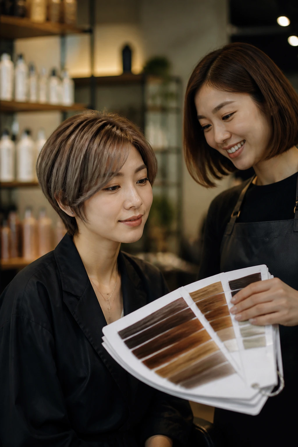 Client examining color swatches with stylist in a salon