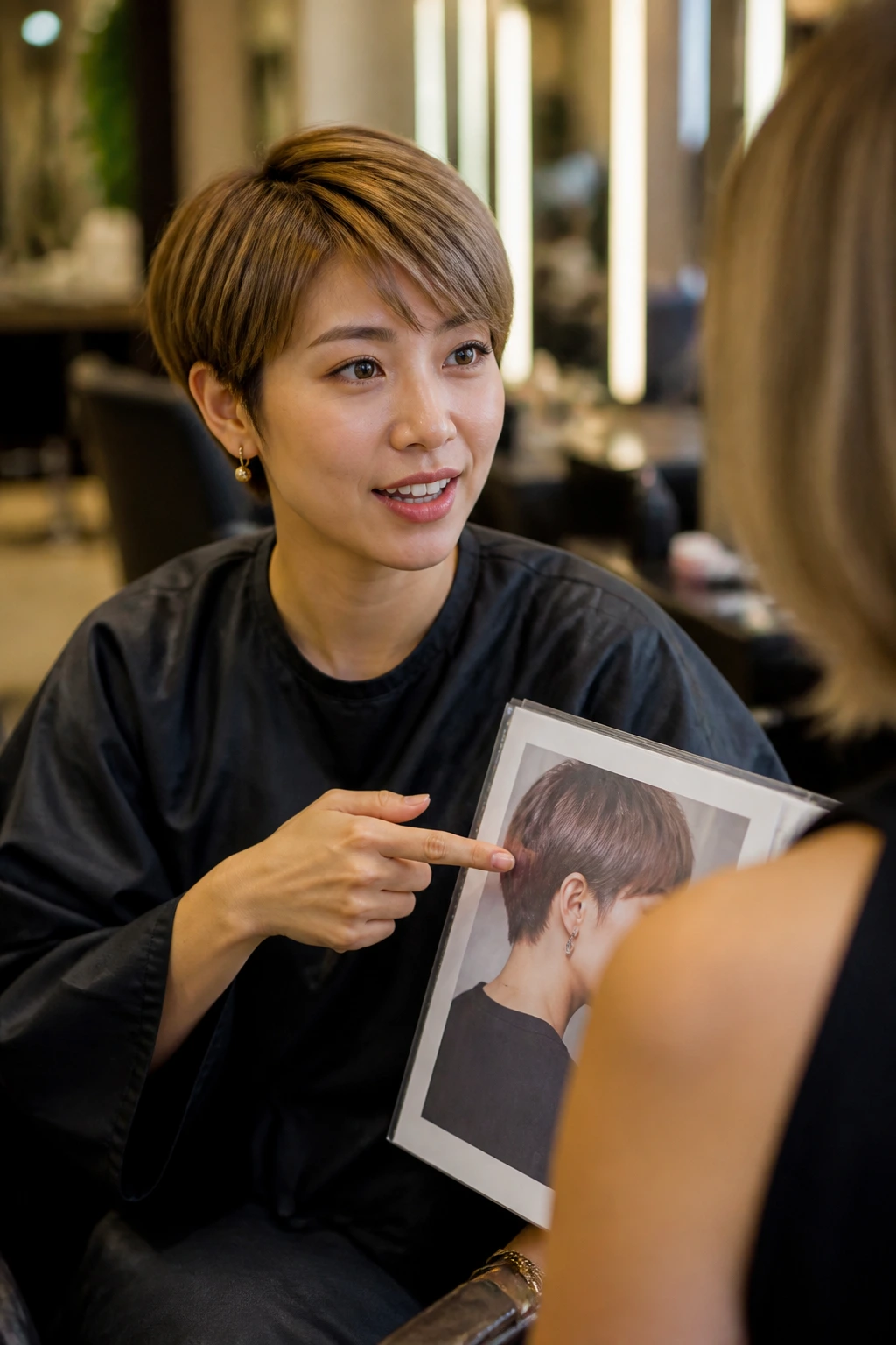 Real client in salon consult about short-hair color options