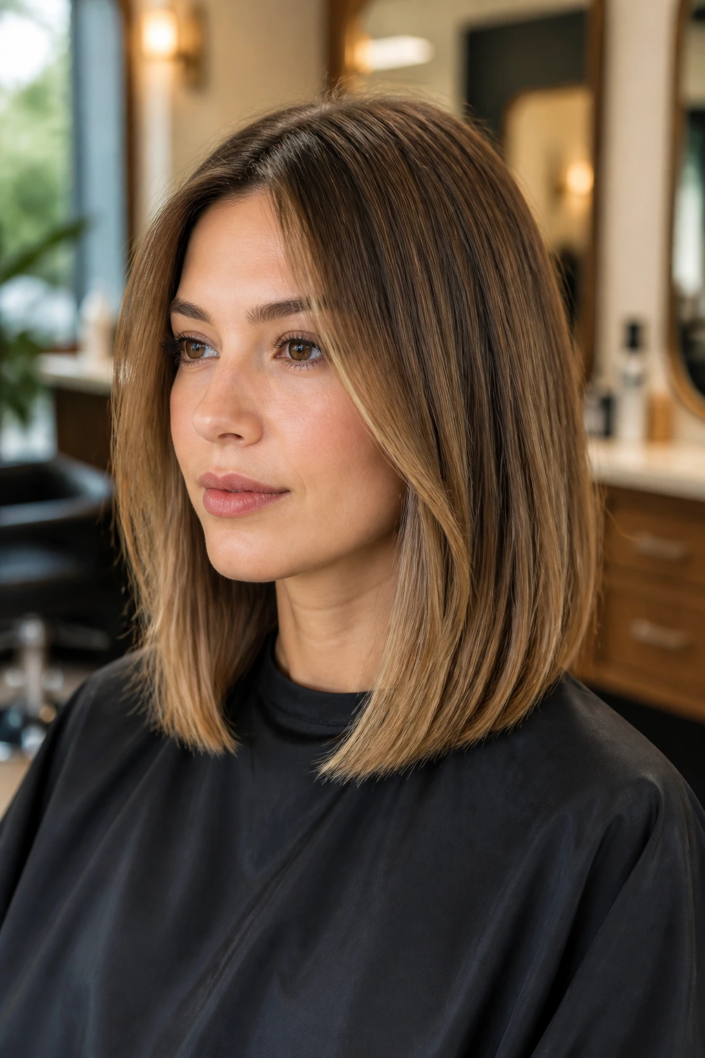 Close-up portrait of a real woman in a salon chair discussing haircut length and perimeter with a stylist