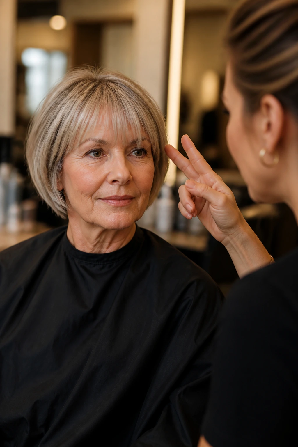 Portrait of a client in a salon during a consultation about bangs