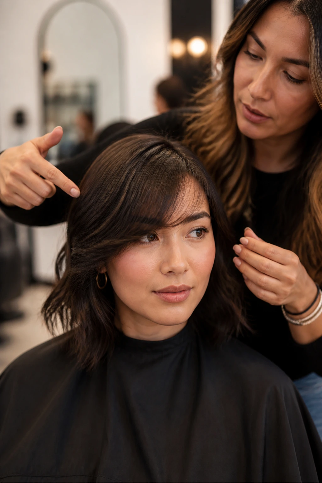 Client and stylist in a salon discussing side-swept bangs