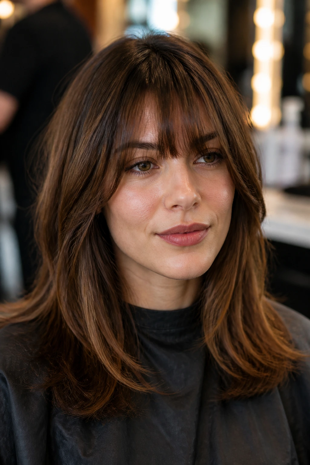 Client in salon chair with fringe ready for first snip