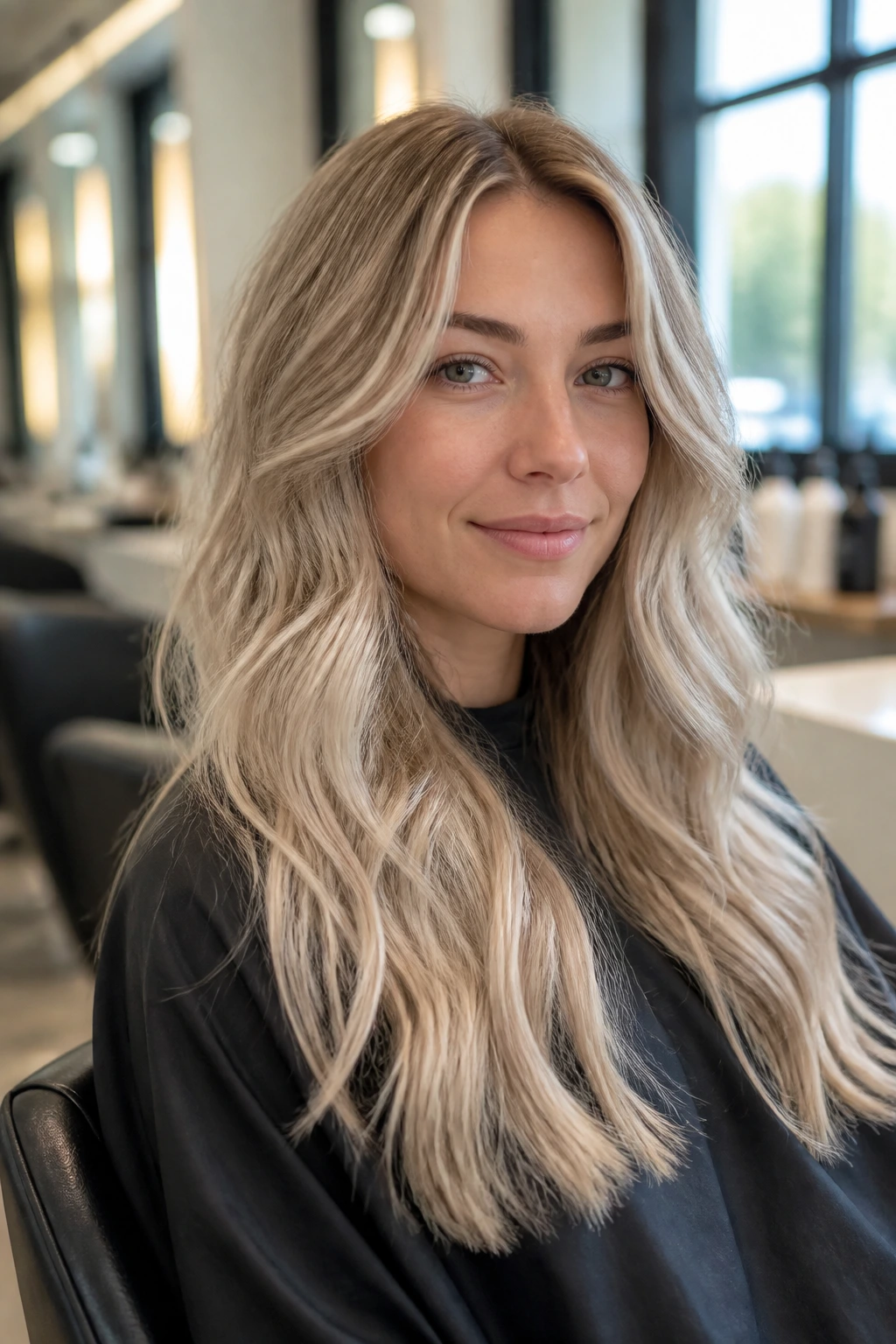 Real person in a salon chair with soft winter blonde hair