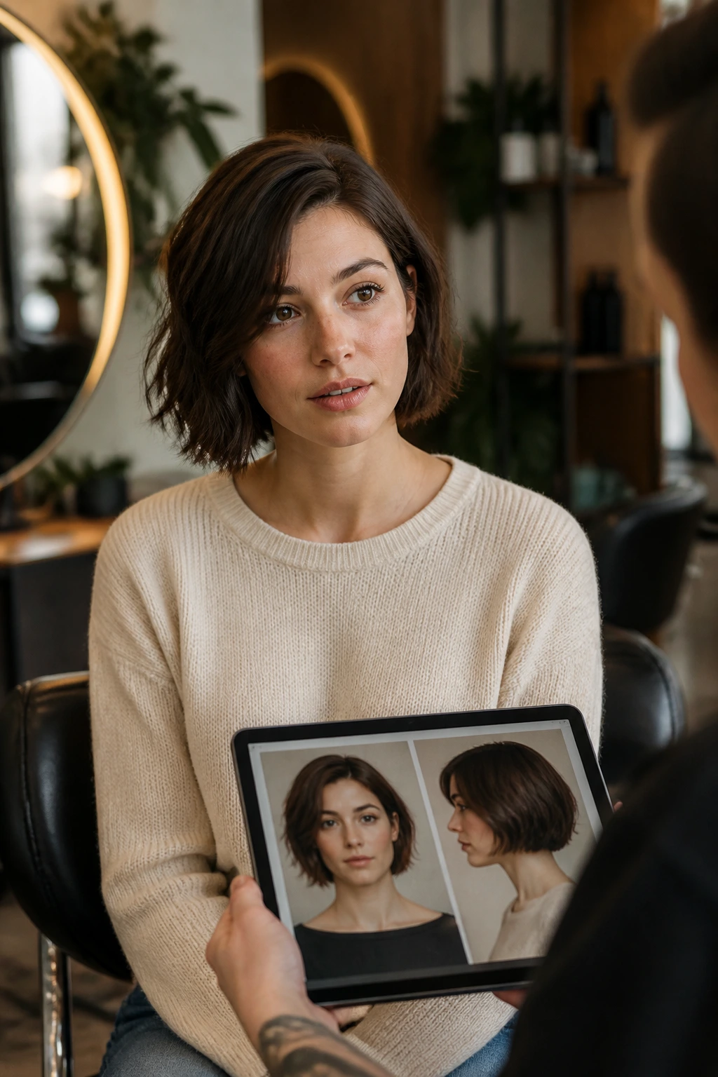 Portrait of client in salon chair considering cut with calm expression.