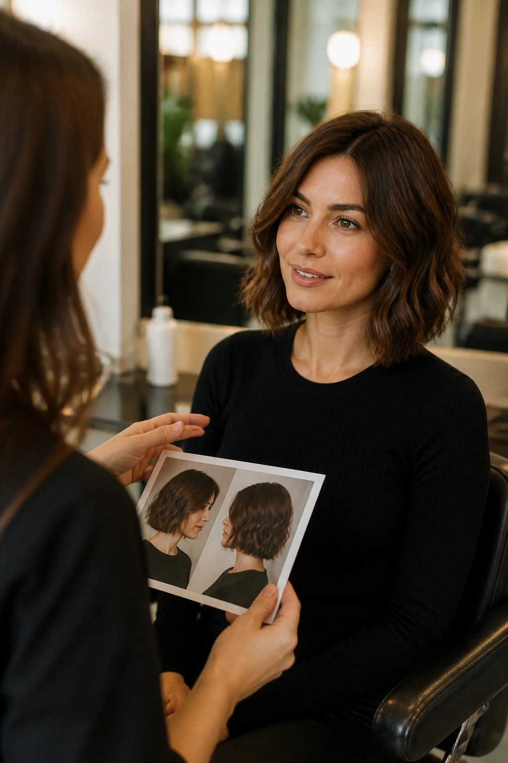 Salon consultation scene with client discussing a brown choppy bob