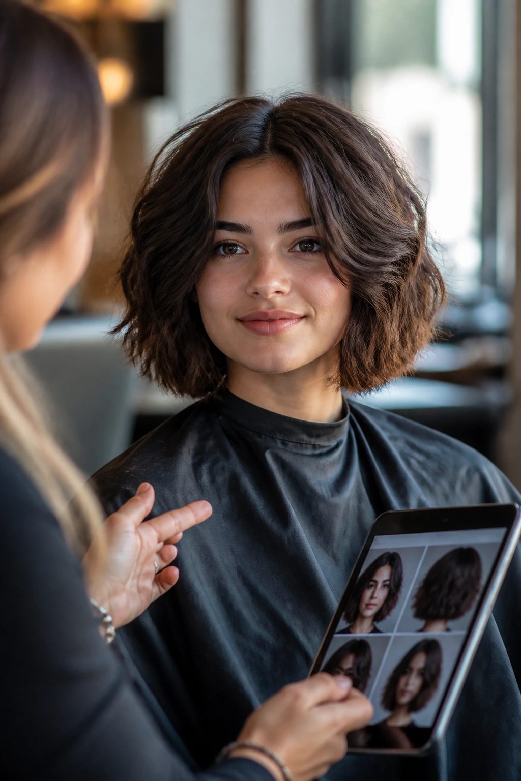 Close-up of a client in a modern salon discussing haircut details before the first snip.