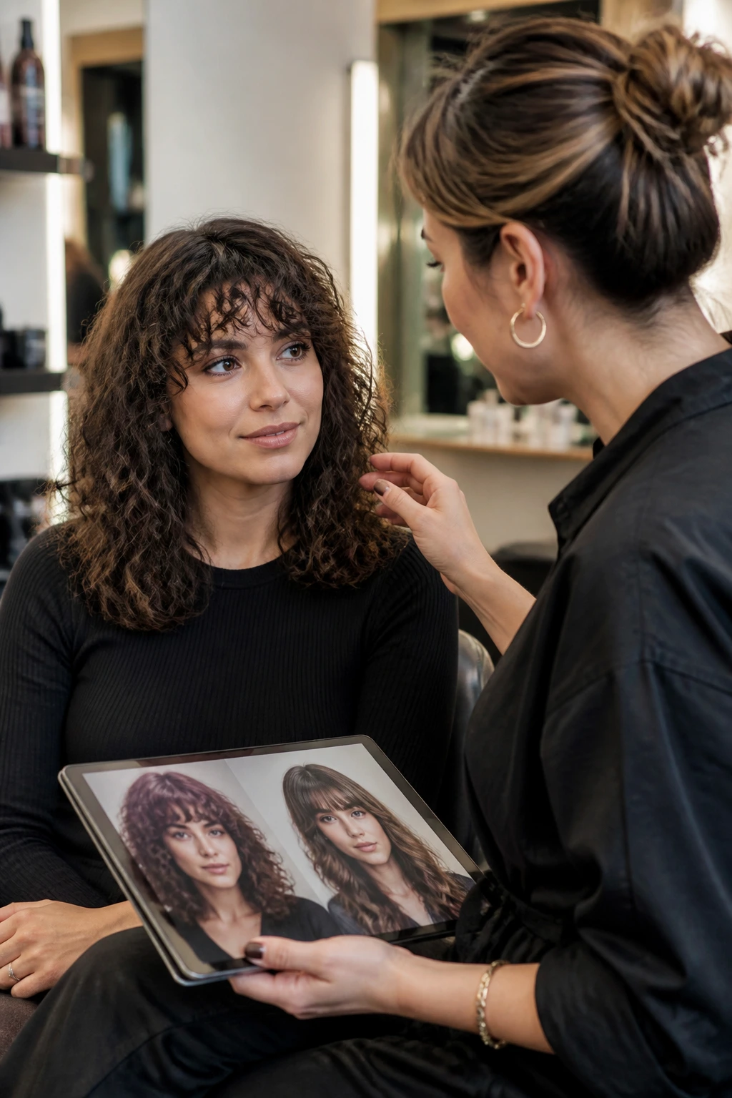 Client and barber in salon discussing bottleneck bangs