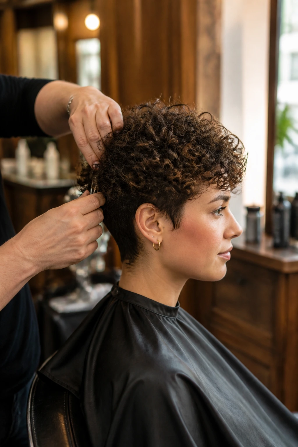 Portrait of a client in a salon chair being guided by a stylist