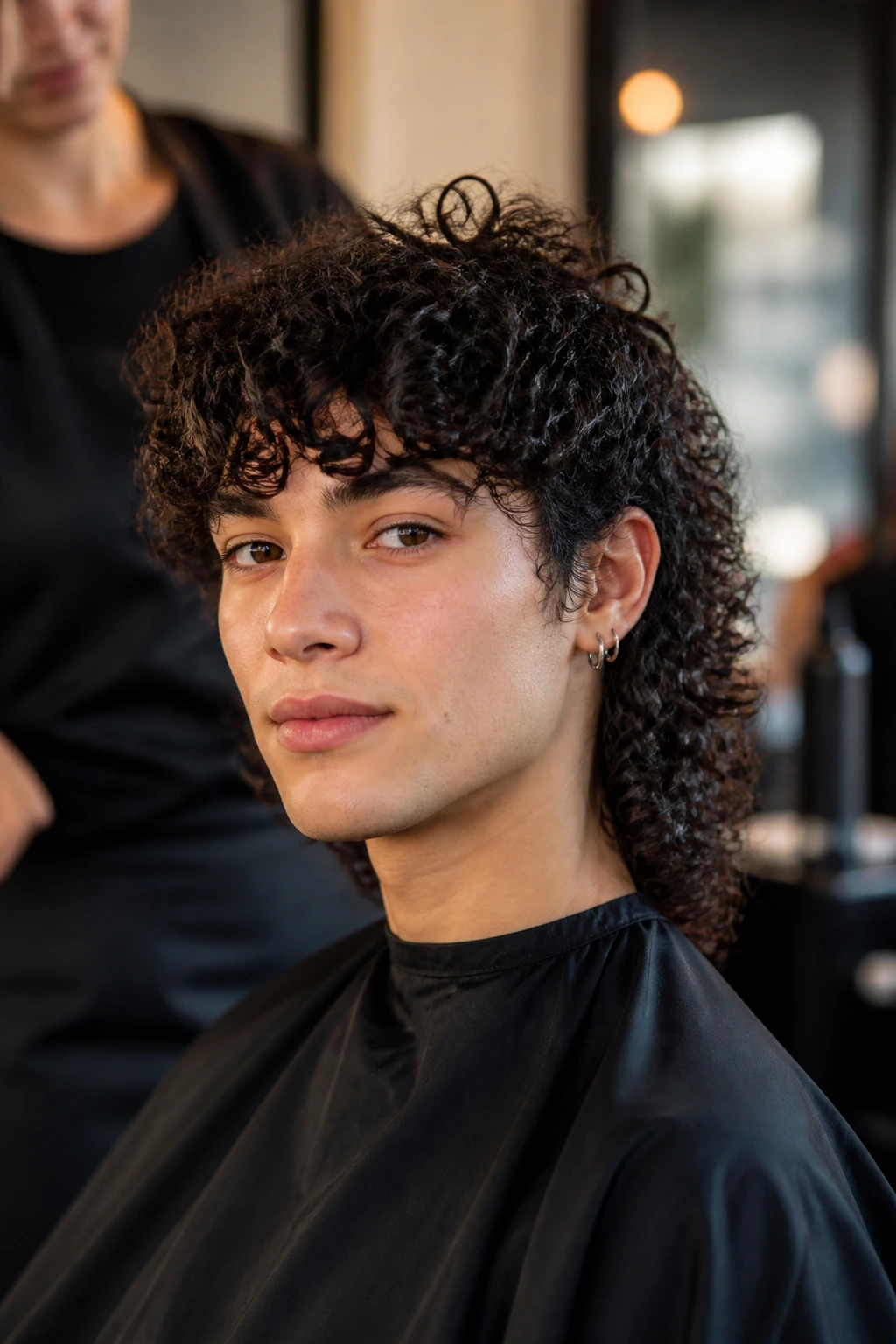 Portrait of real person in salon chair with curly mullet, ready for a fit-focused consultation