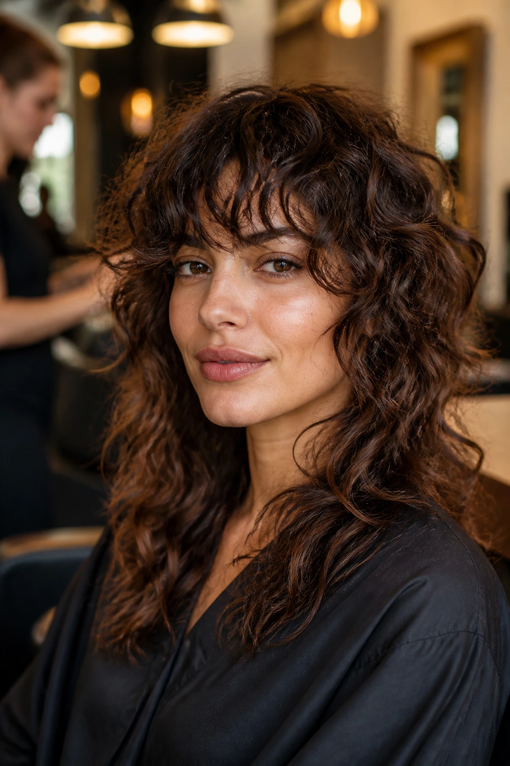 Close-up of a real client in a salon showing curly shag with long bangs.