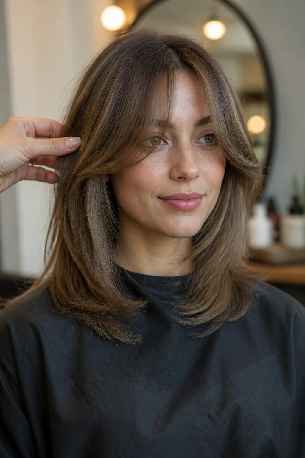 Real person in salon chair with curtain bangs during consultation