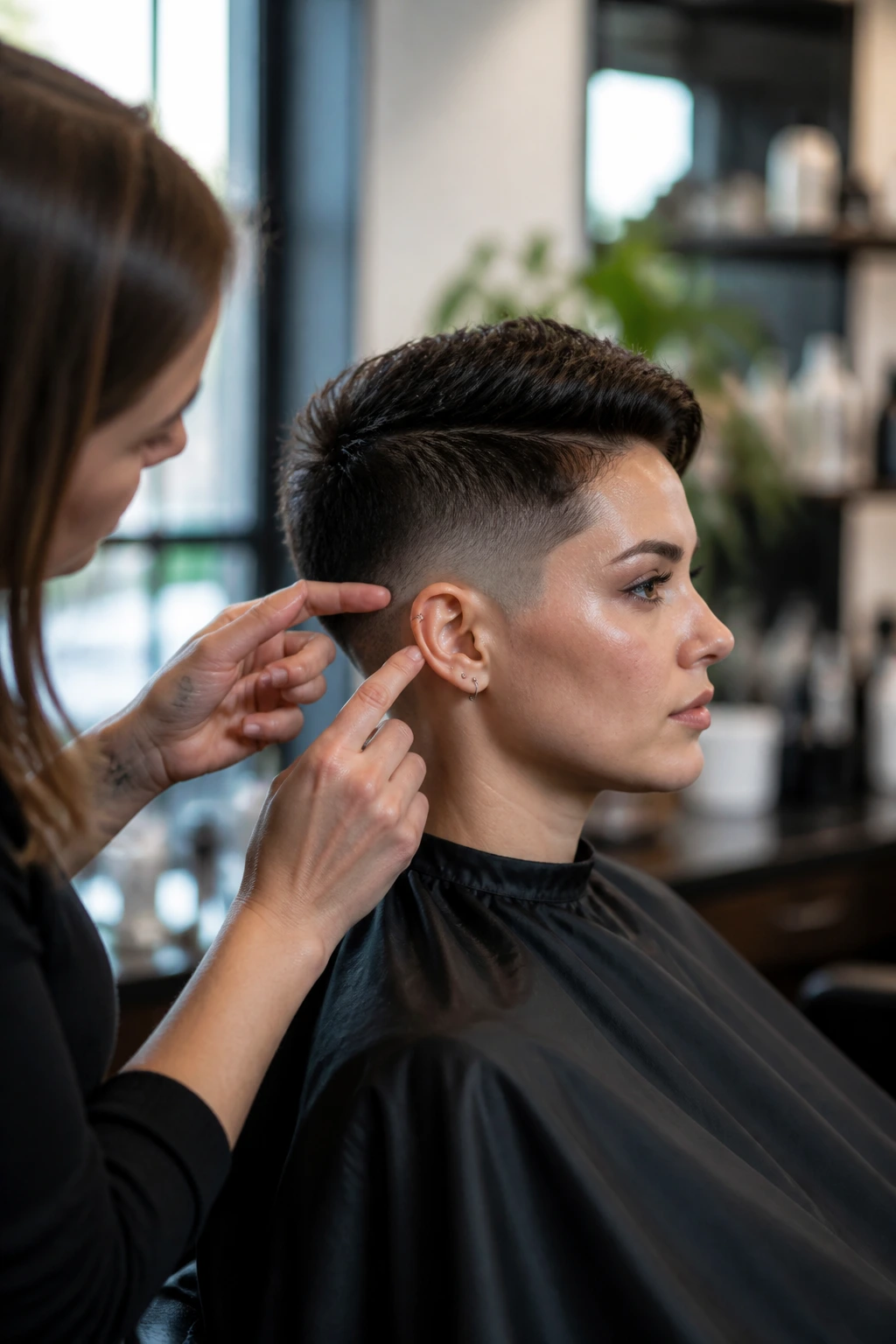 Real client in a salon chair during fade consultation