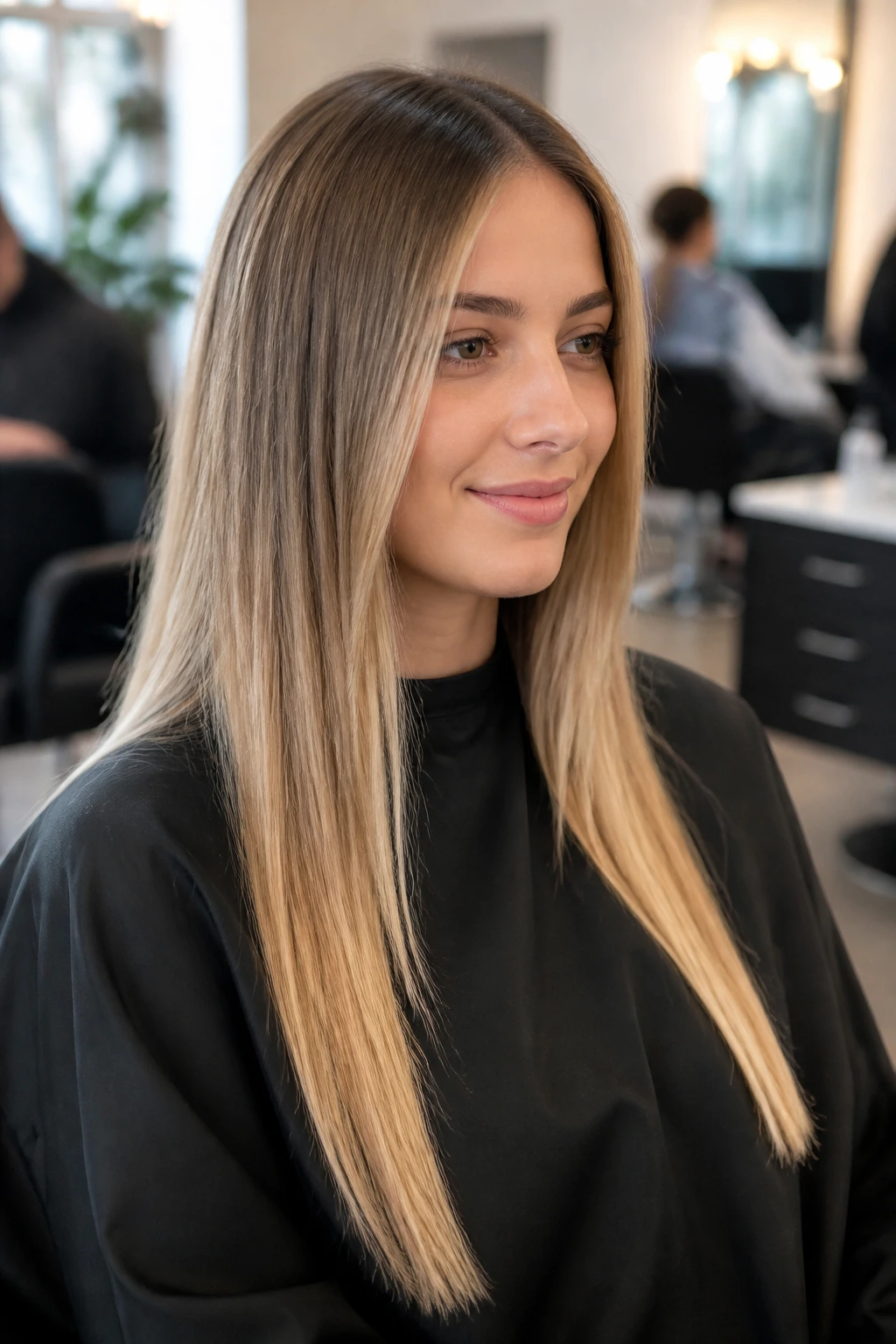 Portrait of a woman in a salon chair with long straight hair