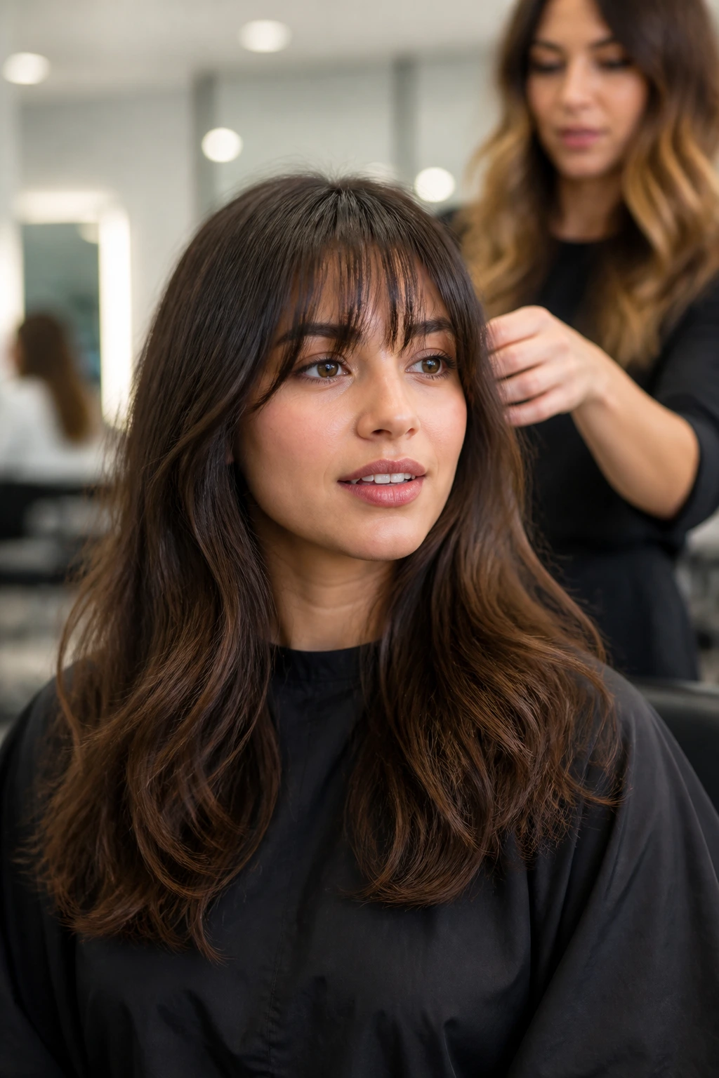 Close-up of a real woman consulting a stylist about fringe options in a salon