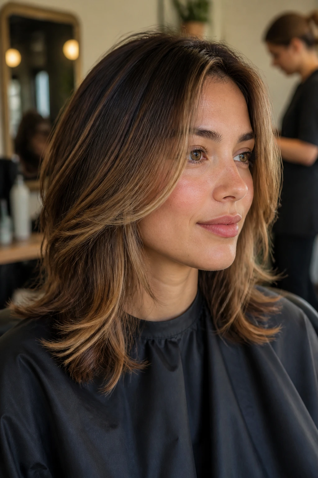 Portrait of a person in a salon chair focusing on front layers length.