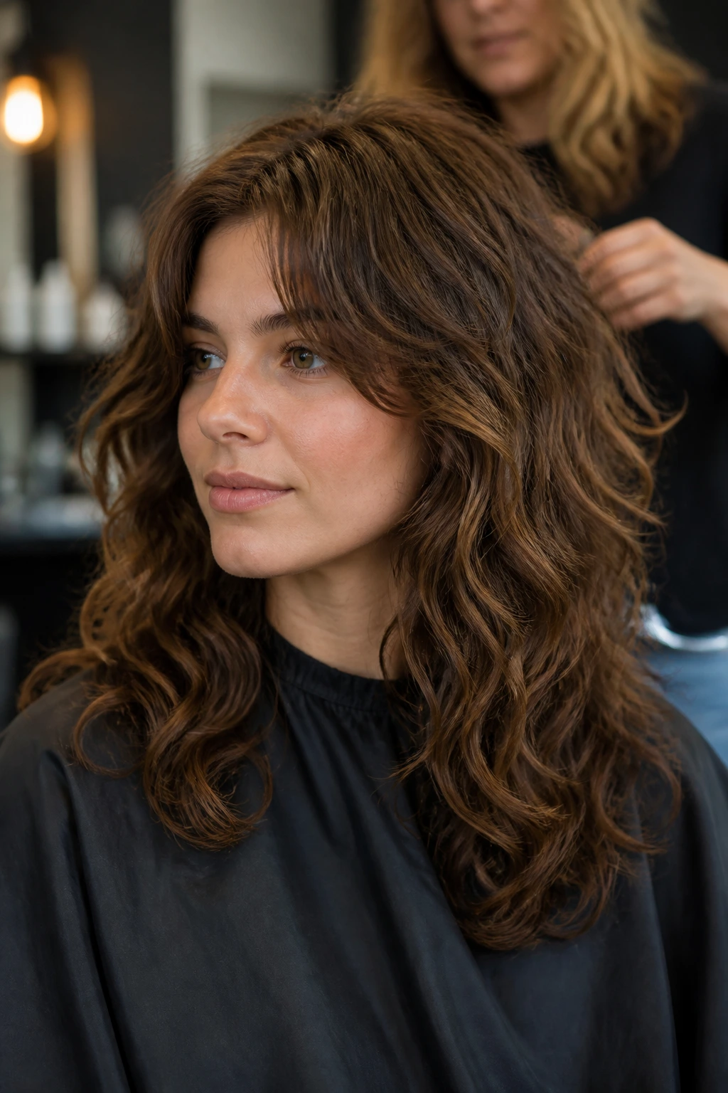 Portrait of a client in a salon chair discussing hair shape with a stylist