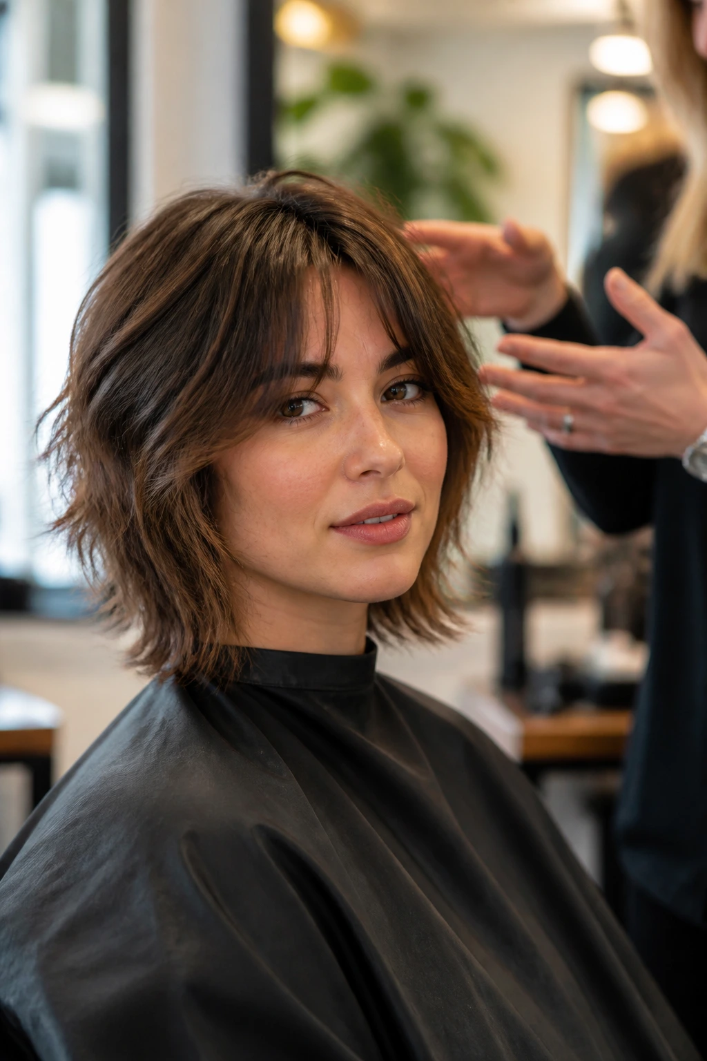 Portrait of a real person in a salon chair during a haircut consultation