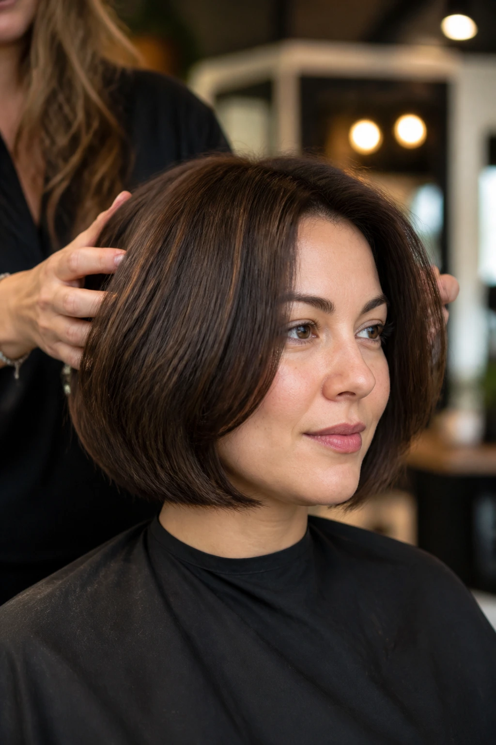 Real client in a salon chair discussing haircut with a stylist