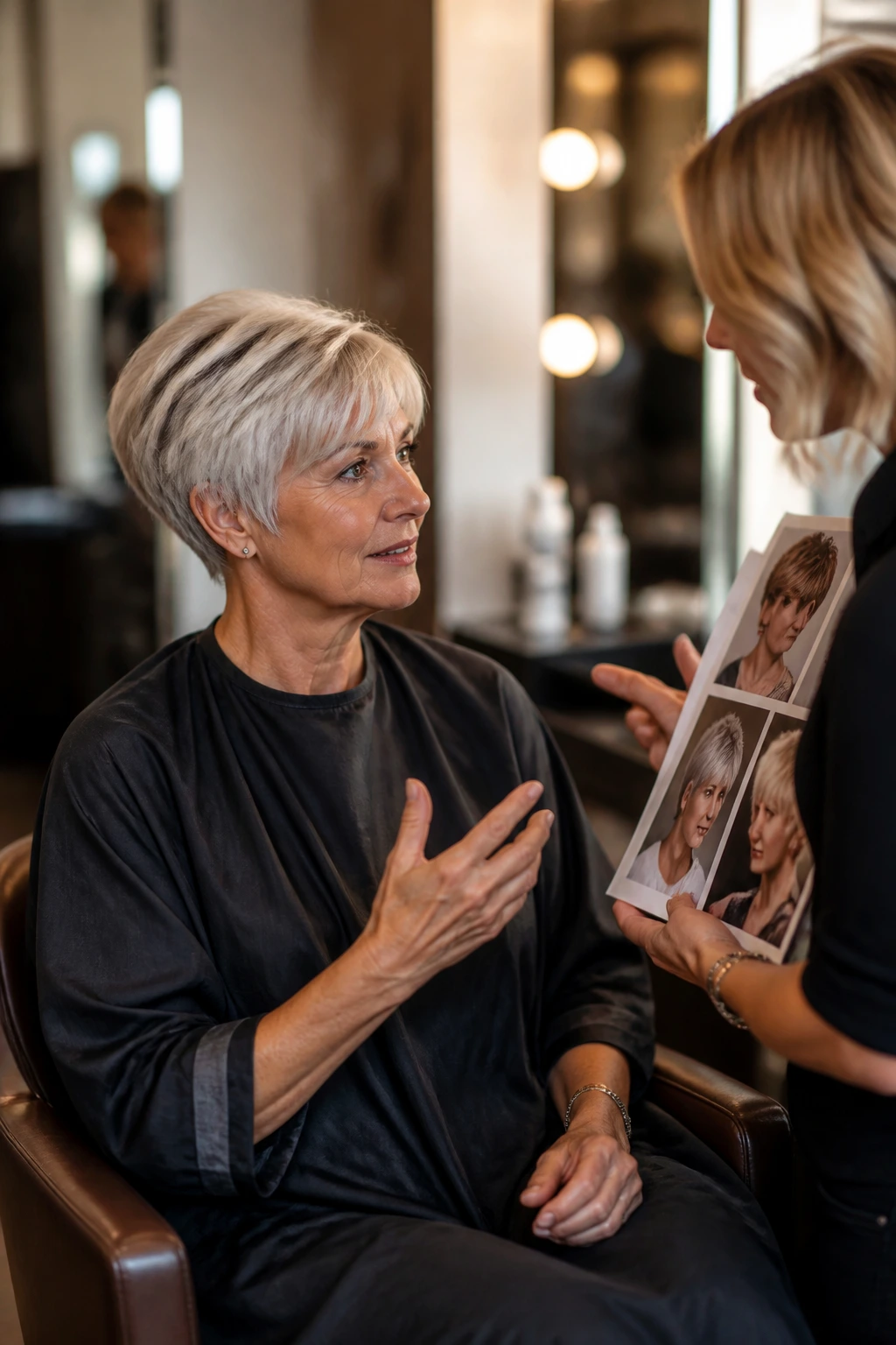 Portrait of a real client in a salon chair consulting with a stylist about a haircut.