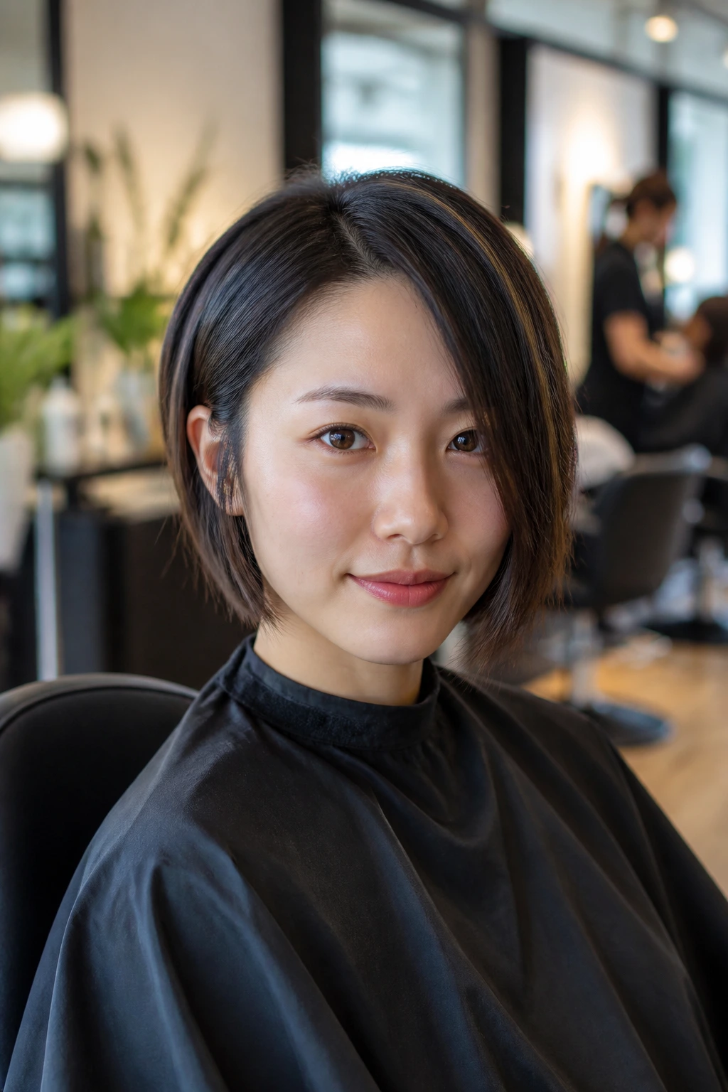Client in a bright salon chair, preparing for haircut