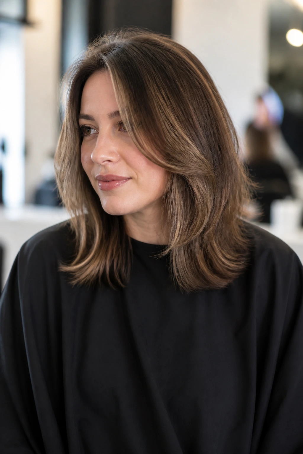 Portrait of a real woman in a salon chair during a haircut consultation
