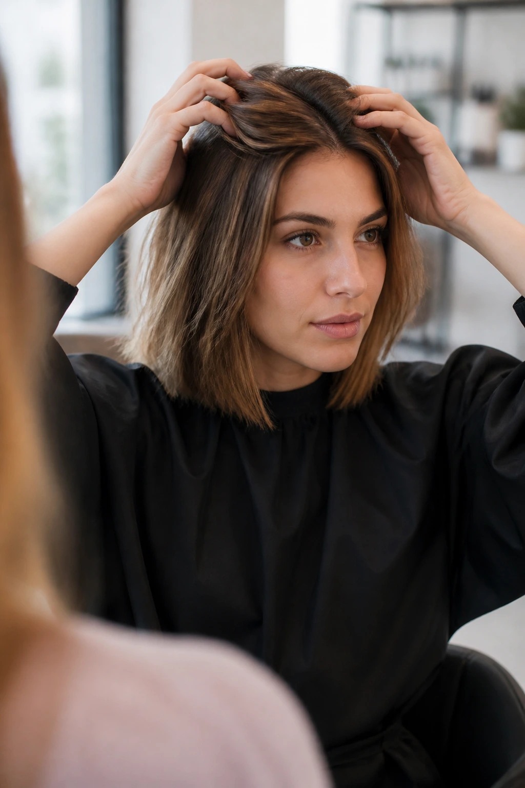 Client in salon consultation discussing haircut before first snip.